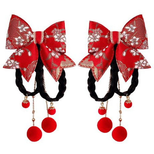 2 pairs Chinese New Year hanfu fairy Headdress for girls children Tang suit New Year celebration stage Hair Accessories Girls Braid Bowknot Tassel Hairpin