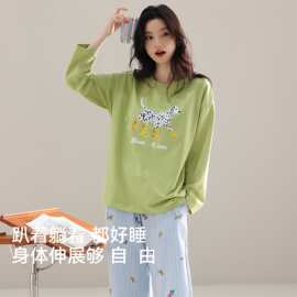 【带胸垫】春秋新款紧赛纯棉女长袖长裤套头睡衣卡通休闲女家居服