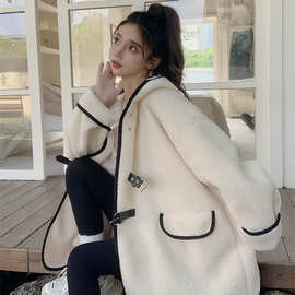 2025秋冬新款ins连帽中长款仿羊羔毛外套韩版时尚加绒学生大衣女