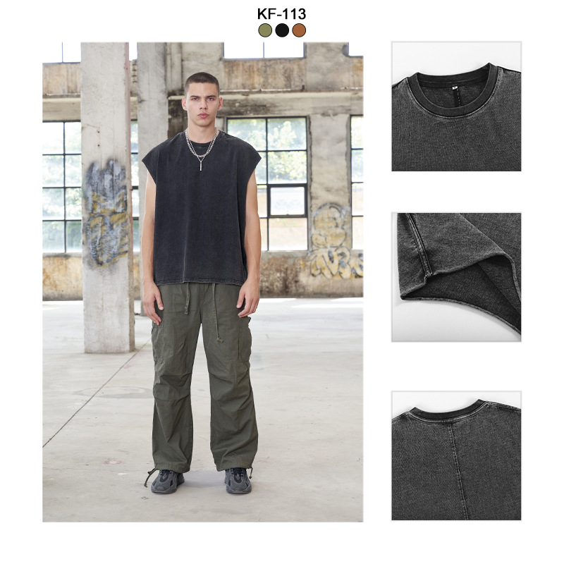 ETAI Hombre| Camiseta americana retro suelta sin mangas primavera y verano nuevo chaleco de algodón lavado con agua para hombres