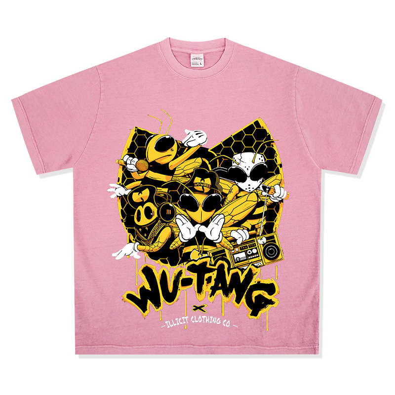 Wu-tang camiseta de manga corta retro americana con estampado lavado y desgastado suéter con capucha y cuello redondo suelto de algodón pesado