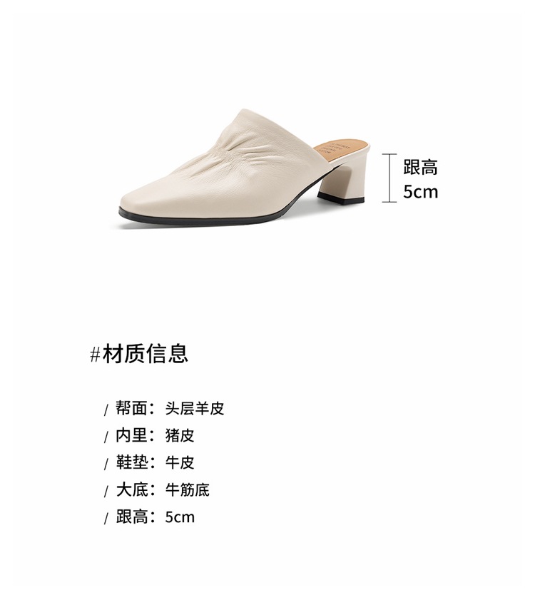 Sandal nữ bít mũi hở gót cao gót thô 5 cm, da bò mùa xuân hè — đen chi tiết 3
