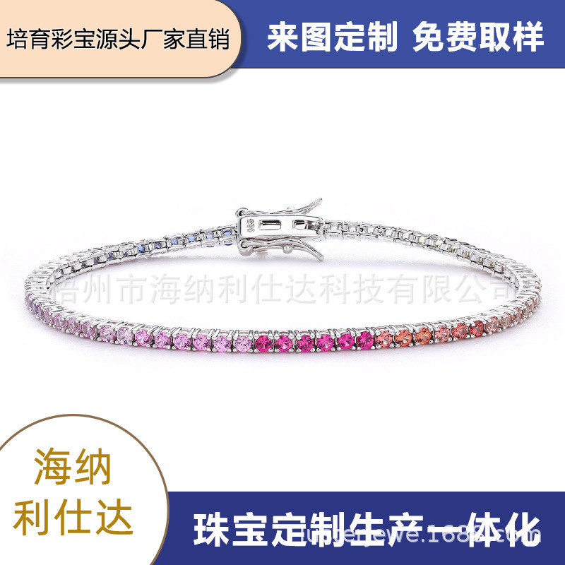 Cross-Border Hot-Selling Ins Influencer Style Stacked 2mm Round Lab-Grown Sapphire Rainbow Moissanite 925 Silver Tennis Bracelet