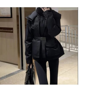 Yang Mi Style Black Parka down Jacket for Women, Mid-Length with Belt, Waist-Cinching 2024 Coat, Goose Down, Mature Style