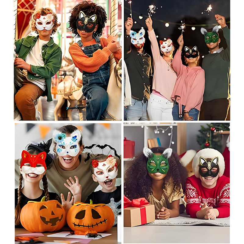 Máscara de cara de gato de Amazon para niños DIY pintada a mano blanca máscara de cara de gato de pulpa ecológica máscara de pintura de Halloween