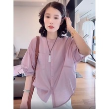 高端爆款25圆领纯色龟背款衬衫夏季新款时尚百搭休闲简约拼接上衣