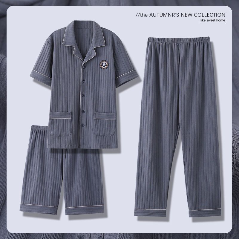 Pijama de algodón 100% para padres de mediana edad y ancianos cardigan de manga corta para hombres de verano traje de verano de tres piezas de primavera