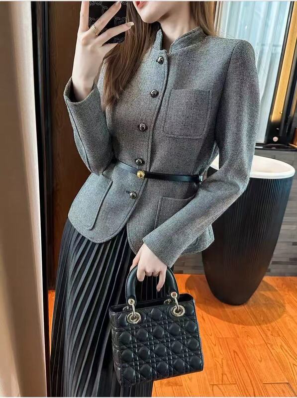 Shenzhen Store Exclusive Fine-Spun Wool Suit, Elegant and Slimming Gray Coat with Heavy-Duty Pleated Skirt