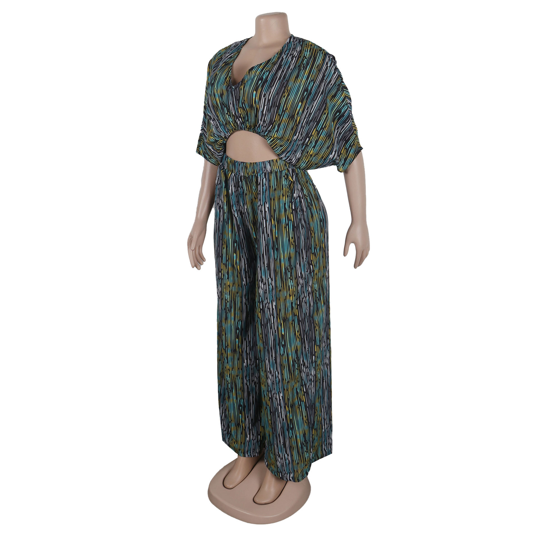 Women Popular Printed Contrast Color V-neck Wide Leg Two Piece Set