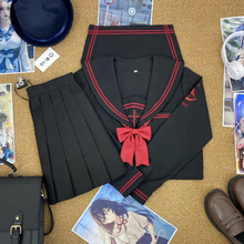 原创暗黑风十字圣歌刺绣水手服日系学院风黑身红襟线中间服JK制服