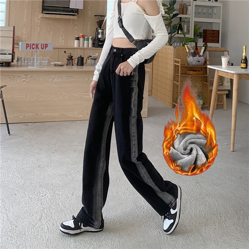 加绒加厚牛仔裤女冬季高腰长裤2022年一体绒保暖显瘦宽松黑色裤子