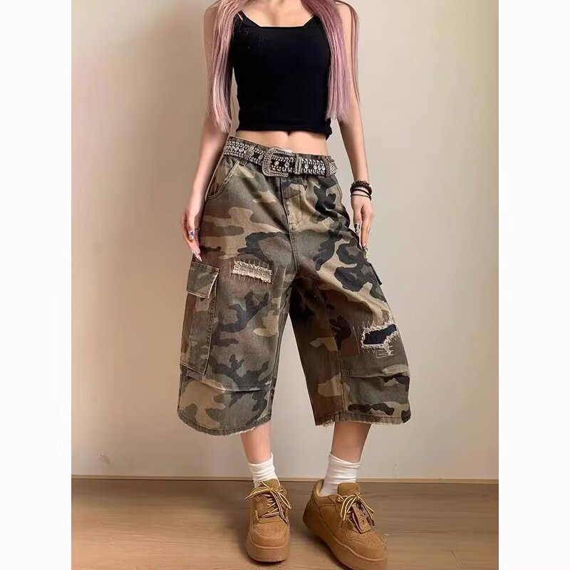 Plus Size American Style Ripped Patch Straight Camouflage Cropped Jeans for Women with Loose Design, Slimming and Casual Wide Leg Pants Plus Size American Style Ripped Patch Straight Camouflage Cropped Jeans for Women with Loose Design, Slimming and Casual Wide Leg Pants