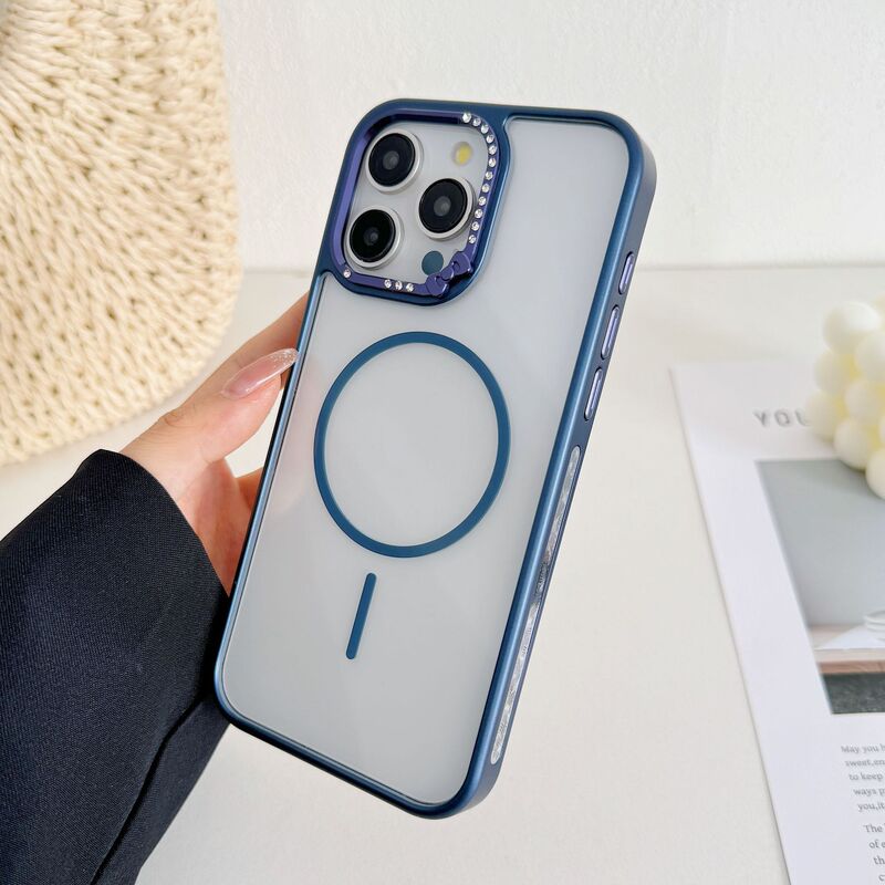 肌触りの良い細い磁気吸着式iPhone17promax用スマホケース、Apple16用蝶結びダイヤモンド付きレンズ保護|undefined