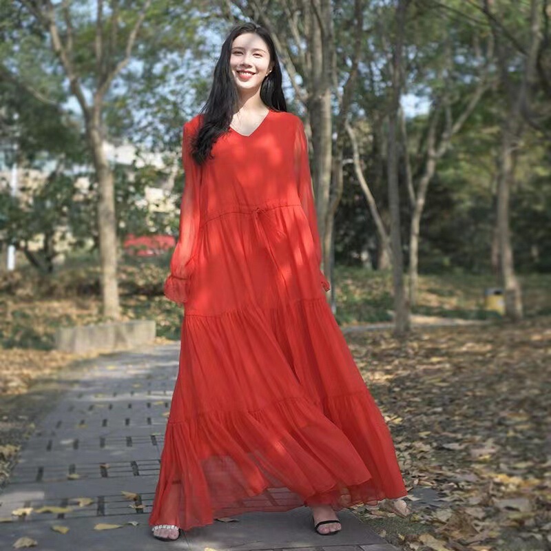 Dress Summer Women's Desert Long Dress Plus Size Long-Sleeved Chiffon Beach Dress Seaside Vacation Super Fairy Sanya Travel Elegant Dress Summer Women's Desert Long Dress Plus Size Long-Sleeved Chiffon Beach Dress Seaside Vacation Super Fairy Sanya Travel Elegant