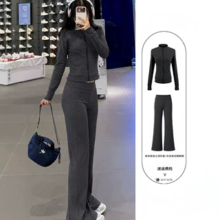灰色条纹修身拉链外套阔腿裤女2026秋季老钱风通勤轻熟运动套装