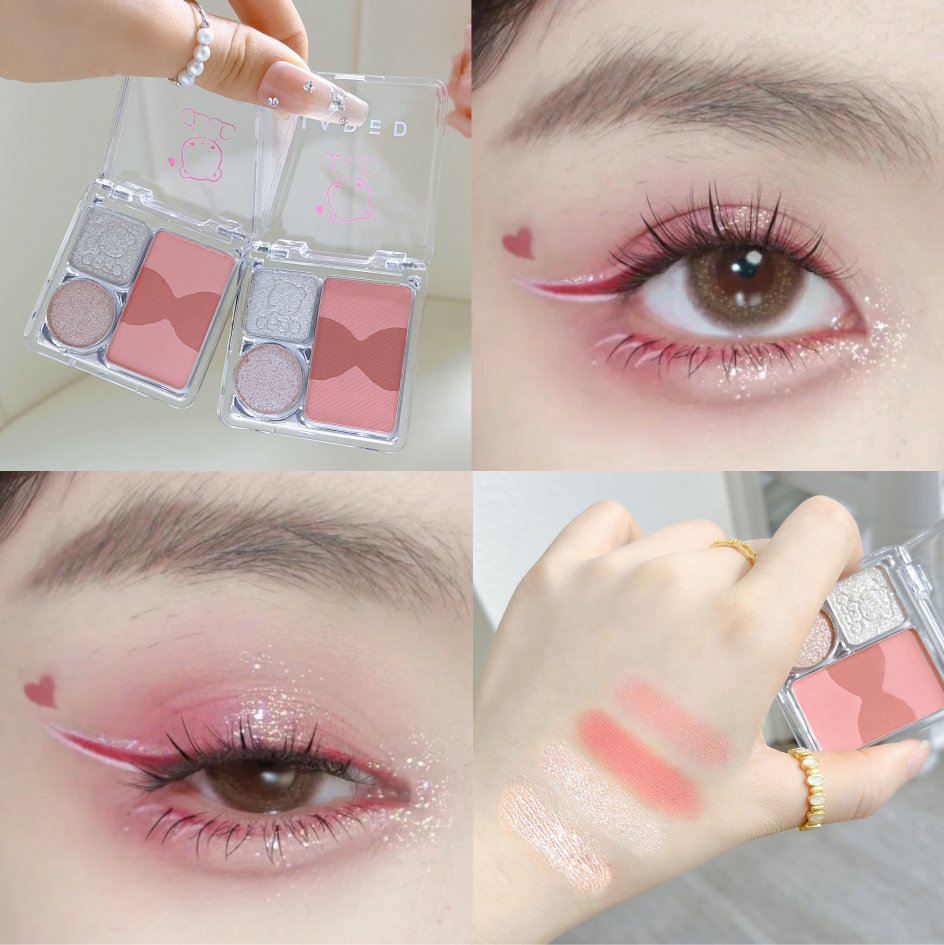 Frambuesa dulce de baja saturación ~ Paleta de sombra de ojos de cuatro colores Strawberry Bear Viajando diario Brownie gris té marrón púrpura