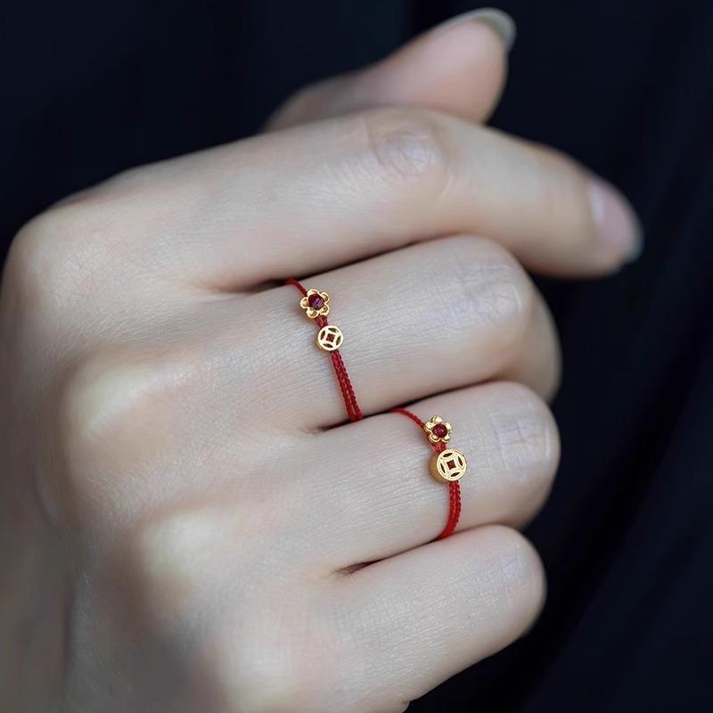 Rich flower ring female niche design handmade braided rope coin red rope ring gift for girlfriends
