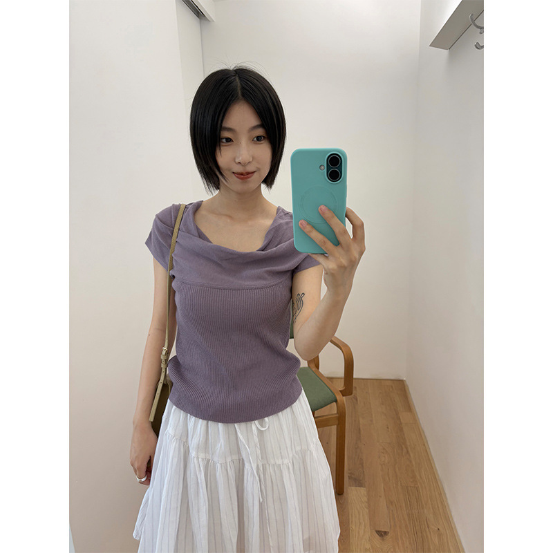 Allo Fu Romanticism~Elegant Swing-Neck Small Flutter-Sleeve Knit Top 2026 Summer Ice Silk Short-Sleeve Top 1220