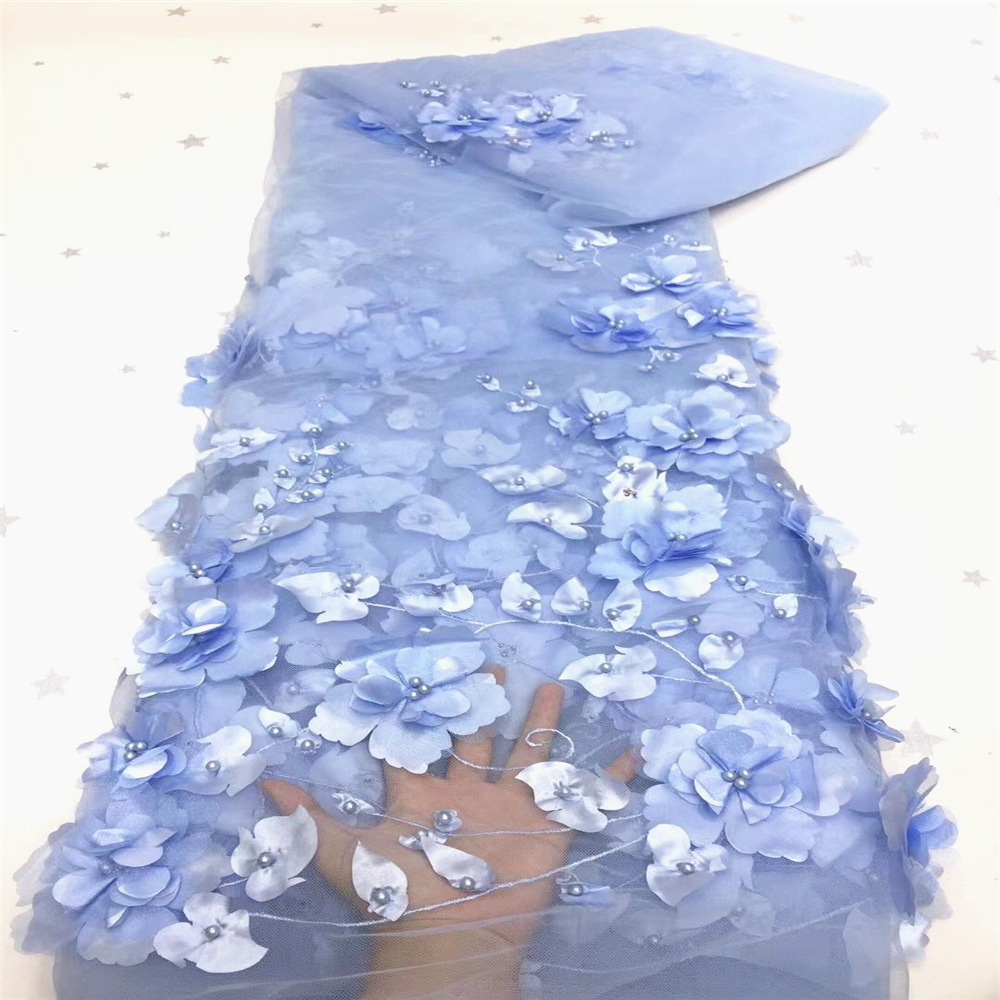 3D bordado tela de malla hecha a mano con cuentas tridimensional bordado tela primavera y verano ropa vestido de tela en stock venta al por mayor