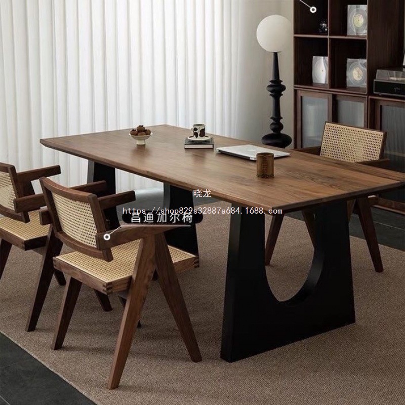 Xiaolong Dining Table Large Board Workbench Conference All-In-One Desk Large Walnut Color Solid Wood Dining Table Office Desk Guest Desk