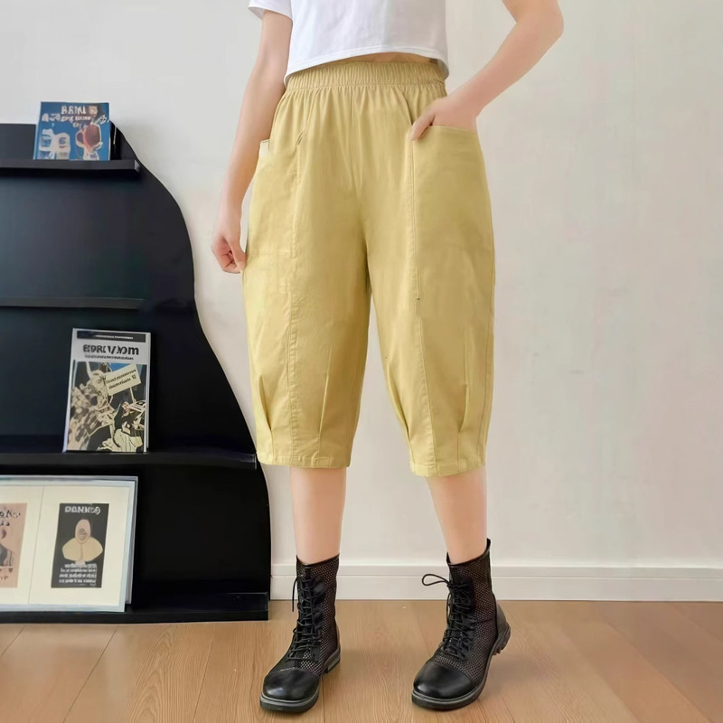 Lyocell Cotton Harem Cropped Pants for Women Summer Thin 2025 New High-Waisted Straight Loose Casual Cargo Mid-Length Pants