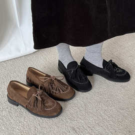英伦风牛皮版~复古流苏编织乐福鞋女百搭圆头平底一脚蹬懒人鞋