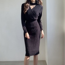 韩国个性百搭圆领麻花纹前后两穿设计小心机开叉毛衣连衣裙女