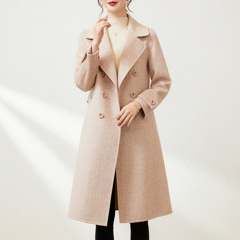Clearance Sale, No Returns or Exchanges, Double-Breasted Wool Coat, Mid-Length, Camel Color, Gentle Pink Wool Coat for Women