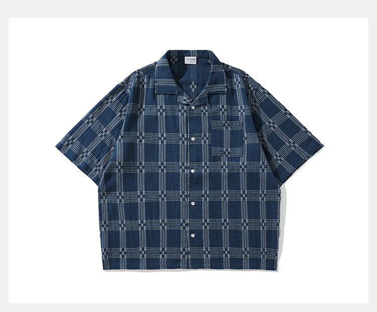 Camicia uomo retro stile giapponese a quadri collo cubano blu_voghion.com