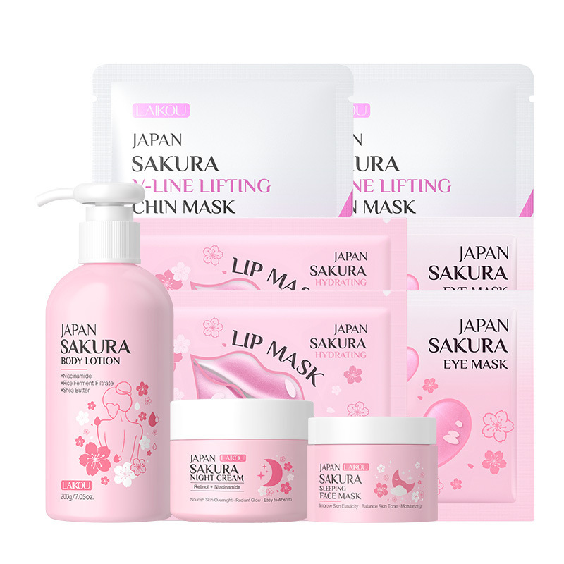 Nuevos productos transfronterizos LAIKOUFENYIQUIYUM combinación de flores de cerezo leche caracol paquete de cuidado de la piel comercio exterior en stock
