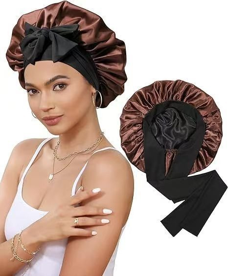 跨境双层色丁飘带睡帽蝴蝶结绑带头巾帽美容护发帽女双面戴bonnet|undefined