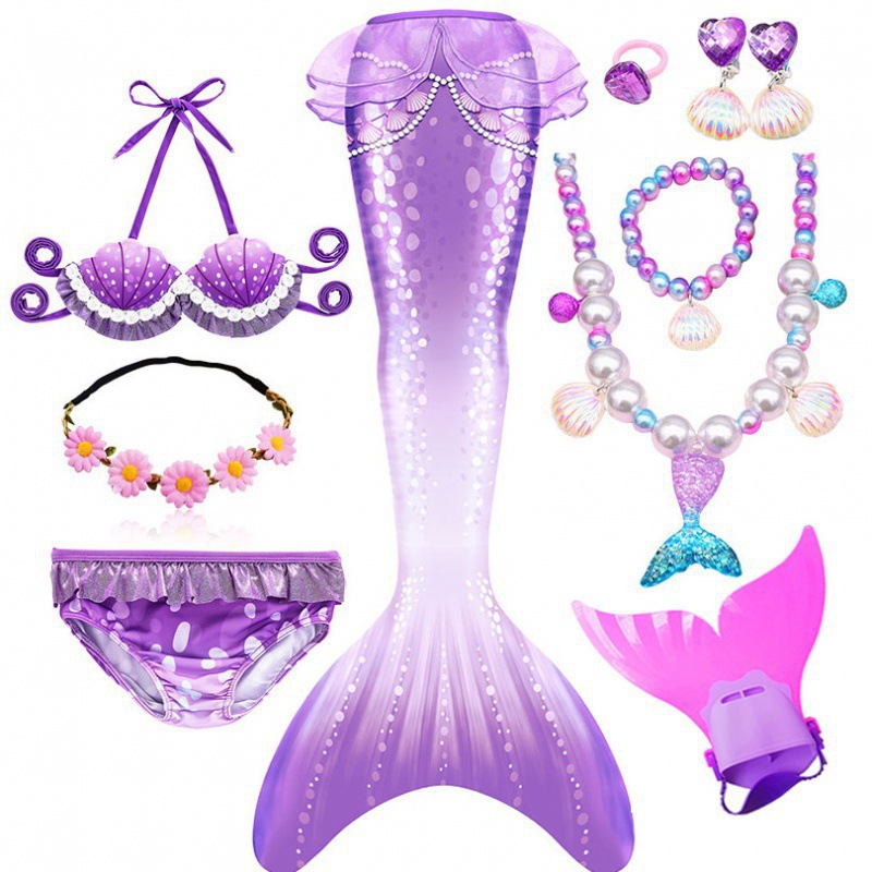 그라데이션 퍼플 쓰리피스 세트 + 오리발 + 헤어 액세서리 + 목걸이 5종 세트