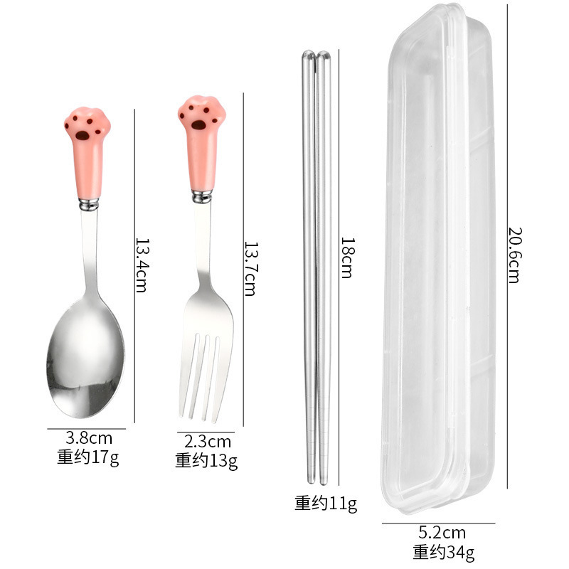 ins风创意陶瓷柄不锈钢勺子叉子筷子餐具三件套可爱猫爪便携套装|undefined