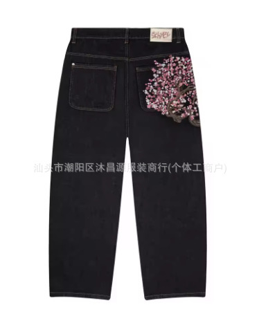 跨境直销夏季潮流新款水洗牛仔长裤时尚百搭高街宽松慵懒风长裤子|undefined