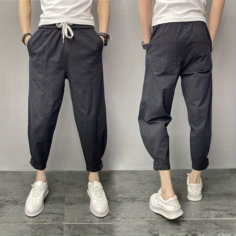 2024 Summer Thin Men's Leg Casual Pants Loose Leg Cropped Pants Net Face Large Crotch Haren Pants Internet Trendy Trendy Pants