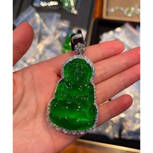 Ice-Type Full Green Guanyin Jade Pendant Burmese Jade Treated Imperial Green Bodhisattva Jade Buddha Pendant Inlaid for Gift Giving