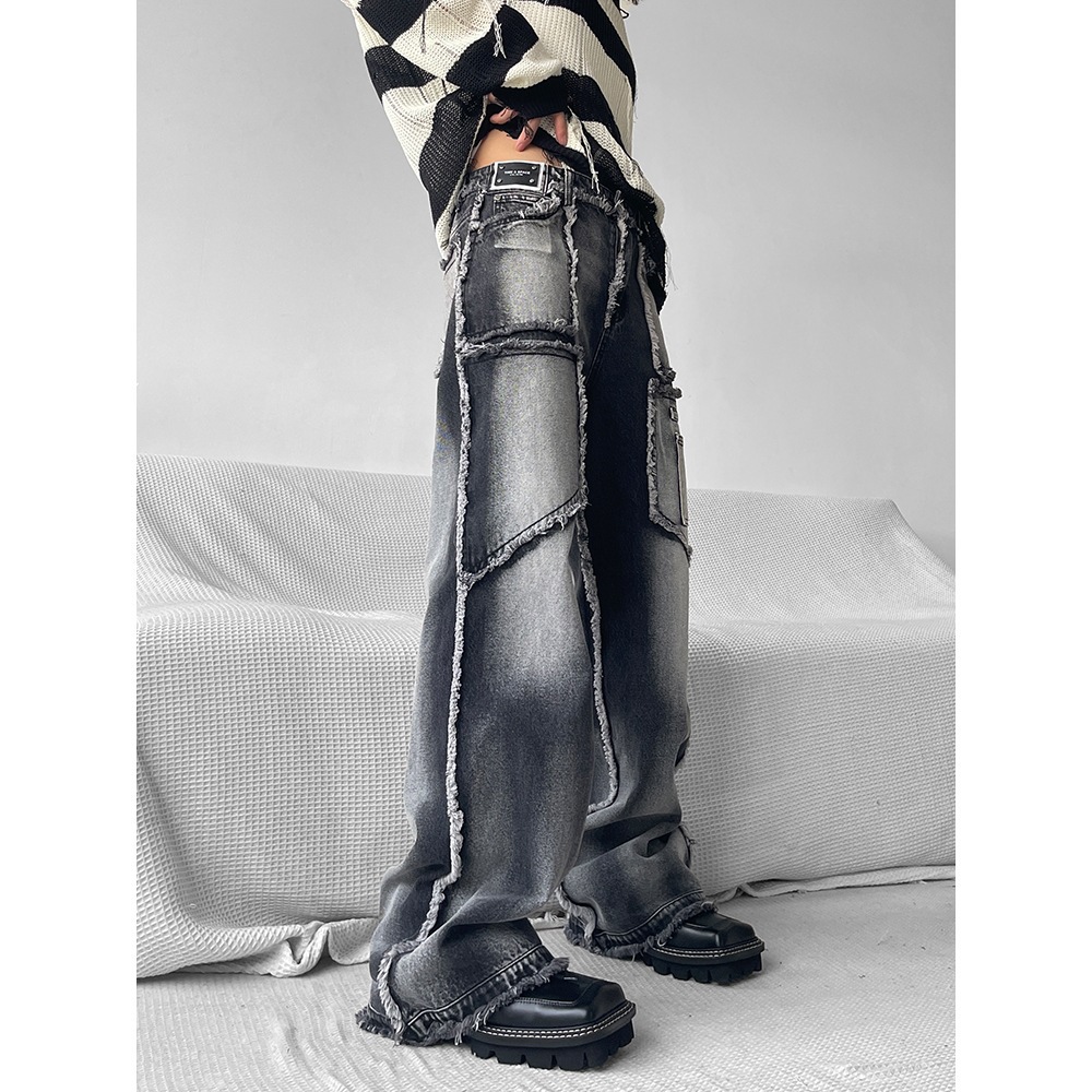 High Street Niche Design Tooling Jeans Men's Loose Straight Autumn And Winter Rough Edge Casual Trousers Ins Trendy Trousers_viptrois.com