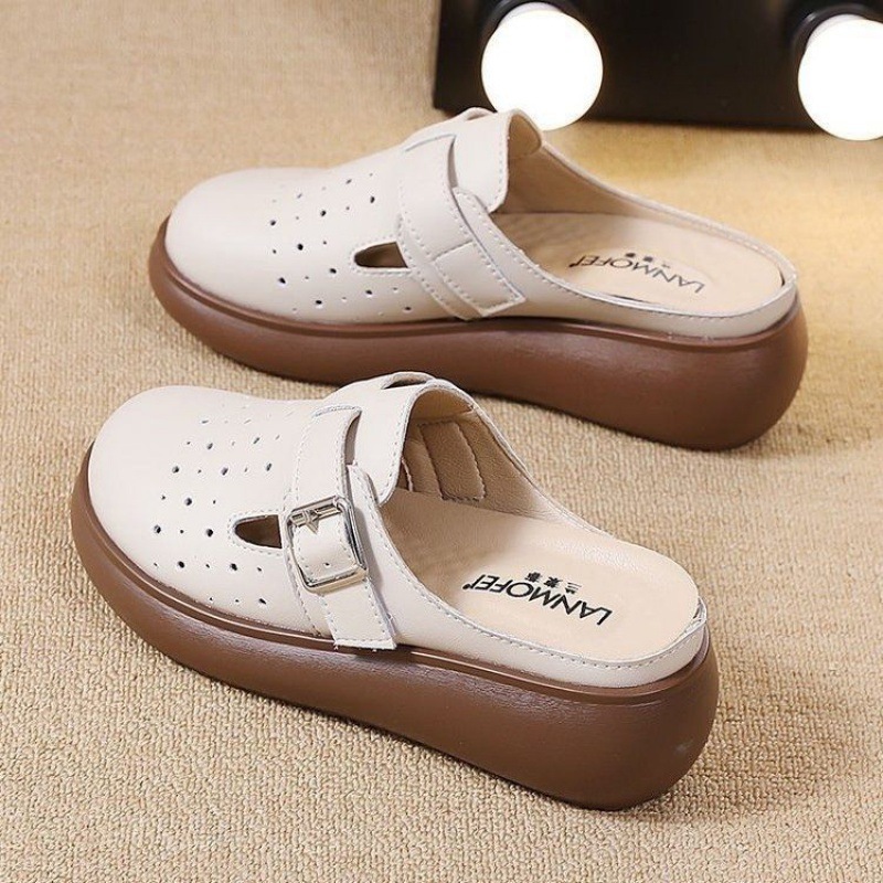 Brand Sandals for Women to Wear Outside Summer New Thick-soled Genuine Leather Outing Soft-soled Baotou Half Slippers for Women