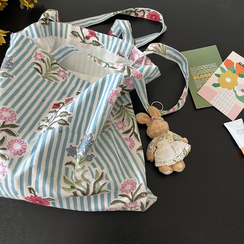 Indian Traditional Rubbing and Dyeing Cotton Eco-Friendly Bag Blue Striped Floral Bag Simple Versatile Thin Strap Shoulder Bag Tote Bag