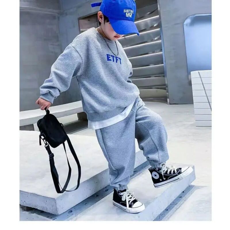 Trendy Boys' Spring and Autumn Outfit 2025 New Street Style Children's Clothing, Big Kids Long-Sleeve Sweatshirt Two-Piece Set