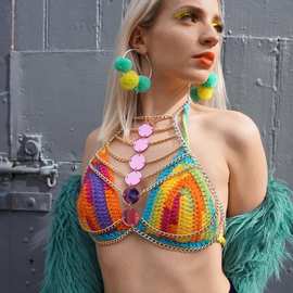 跨境饰品多层金属镂空亚克力圆片胸链挂脖身体链配饰胸针设计胸前