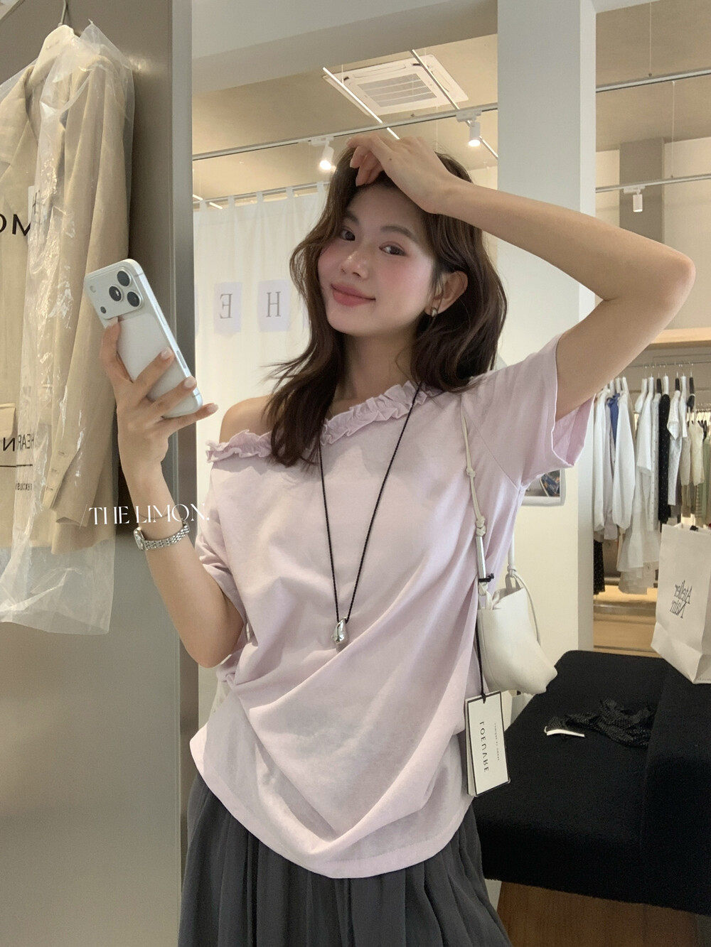 Áo thun nữ tay ngắn cổ lệch vai kết hợp ren bèo nhún phong cách Pháp — màu đen, màu trắng, Tro xi măng, Bột tím chi tiết 12