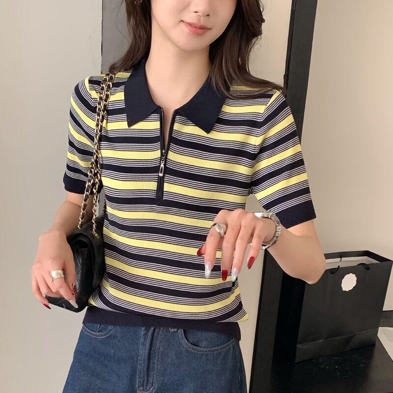 Striped Tencel Nanofiber Knit Polo Shirt with Half-Zip Short Sleeves, Thin and Breathable Top, Wholesale Starting from One Piece Striped Tencel Nanofiber Knit Polo Shirt with Half-Zip Short Sleeves, Thin and Breathable Top, Wholesale Starting from One Piece