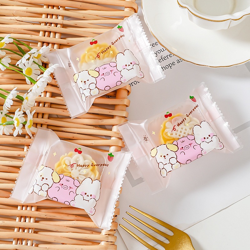 新款可爱太妃糖包装袋30g迷你月饼袋加厚底托盒机封袋月饼托100个