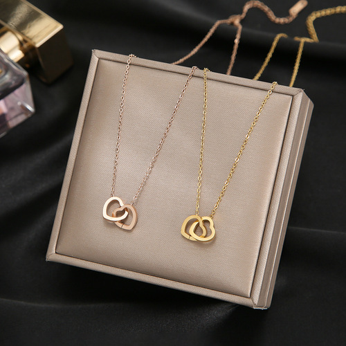 Korean 18k Rose Gold Simple Double Ring Heart Necklace Titanium Steel Colorfast Fashion Necklace Unique Ins Accessory