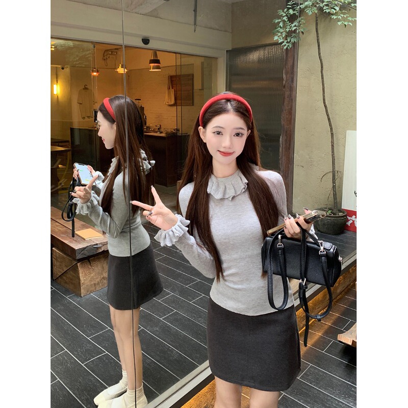 Gray Lace Collar Ruffled Knit Bottoming Shirt for Women in Autumn and Winter, Stylish Inner Wear, Slim Fit, Can Be Worn Outside, Half Turtleneck Top