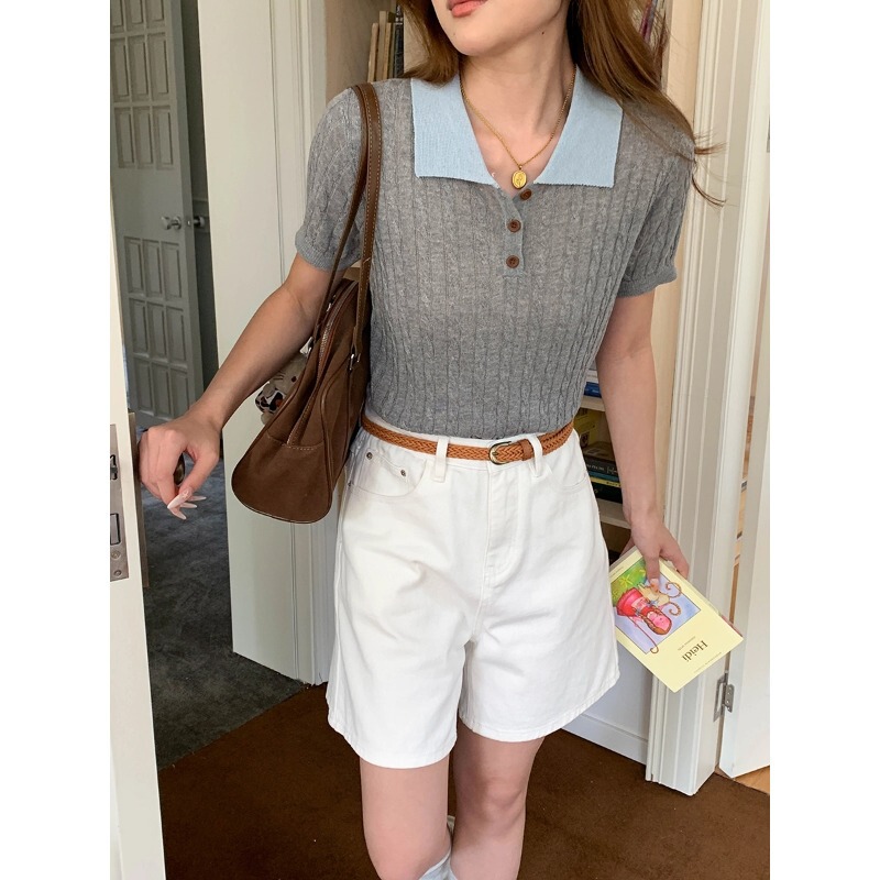 3Th Morning Seoul Schoolgirl Tencel Linen Contrast Color Lapel Twist Knit Short Sleeve Zy4183 3Th Morning Seoul Schoolgirl Tencel Linen Contrast Color Lapel Twist Knit Short Sleeve Zy4183
