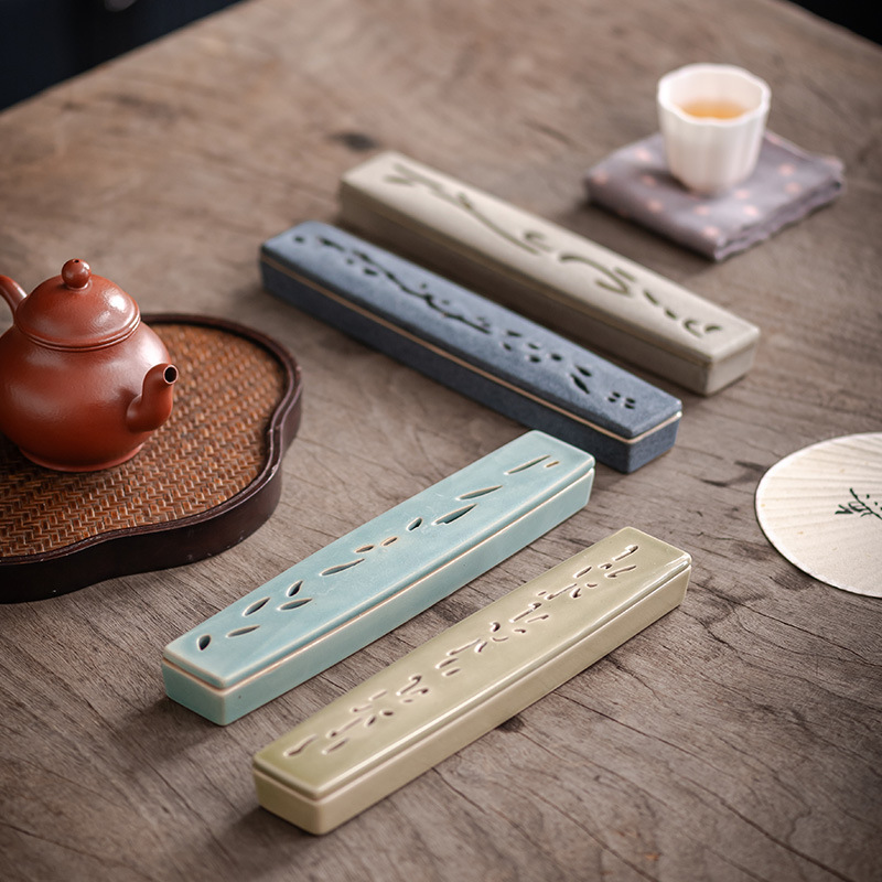 陶瓷线香炉卧香炉 长方形香盒 檀香香薰炉居家镂空仿古禅意卧香盒