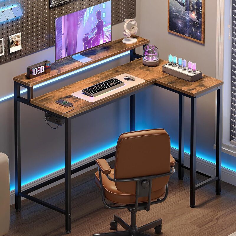 L-Shaped Computer Desk with Power Outlet, Simple Gaming Desk, Convertible Home Office Study Desk, Vintage Stand L-Shaped Computer Desk with Power Outlet, Simple Gaming Desk, Convertible Home Office Study Desk, Vintage Stand