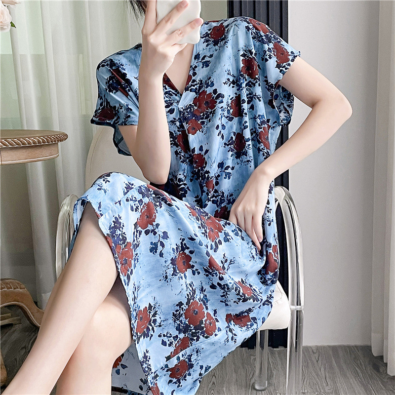 Camisón de seda de algodón para mujer verano nuevo Pijama estampado de dibujos animados de manga corta estilo coreano más tamaño ropa para el hogar suelta de seda de algodón delgada image 42